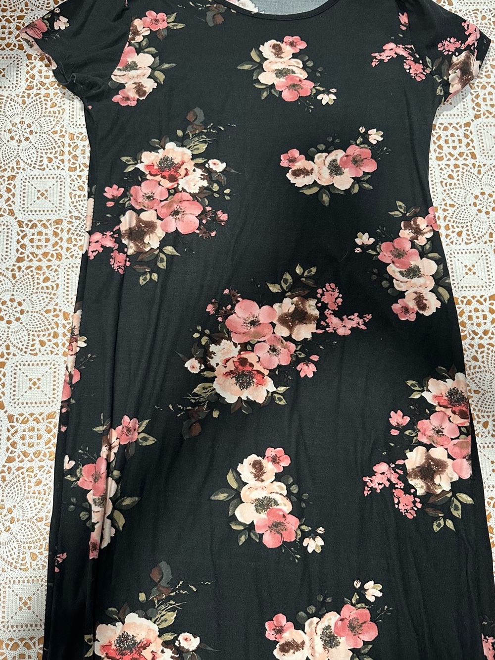 Bobbie Brooks XL Black Floral Short Sleeve Maxi Dress Stretch